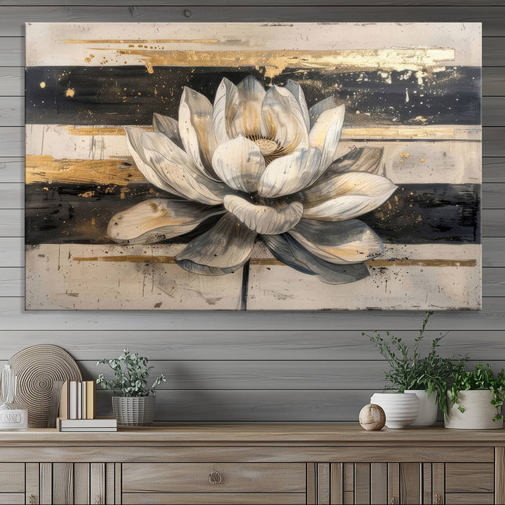 The wall is adorned with an Abstract Lotus Flower Wall Art Canvas Print.