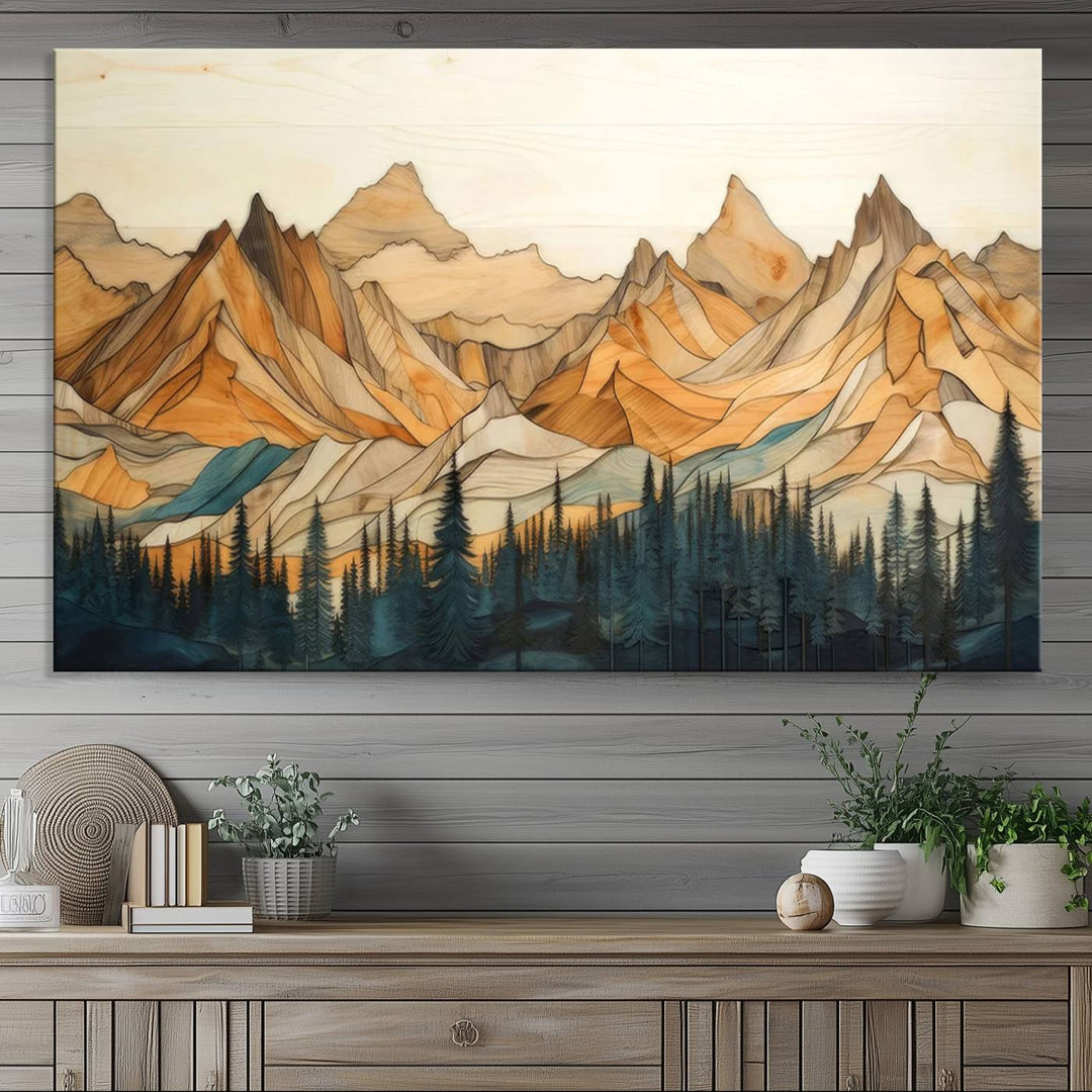 A triptych giclee print of mountains decorates the wall above the counter.