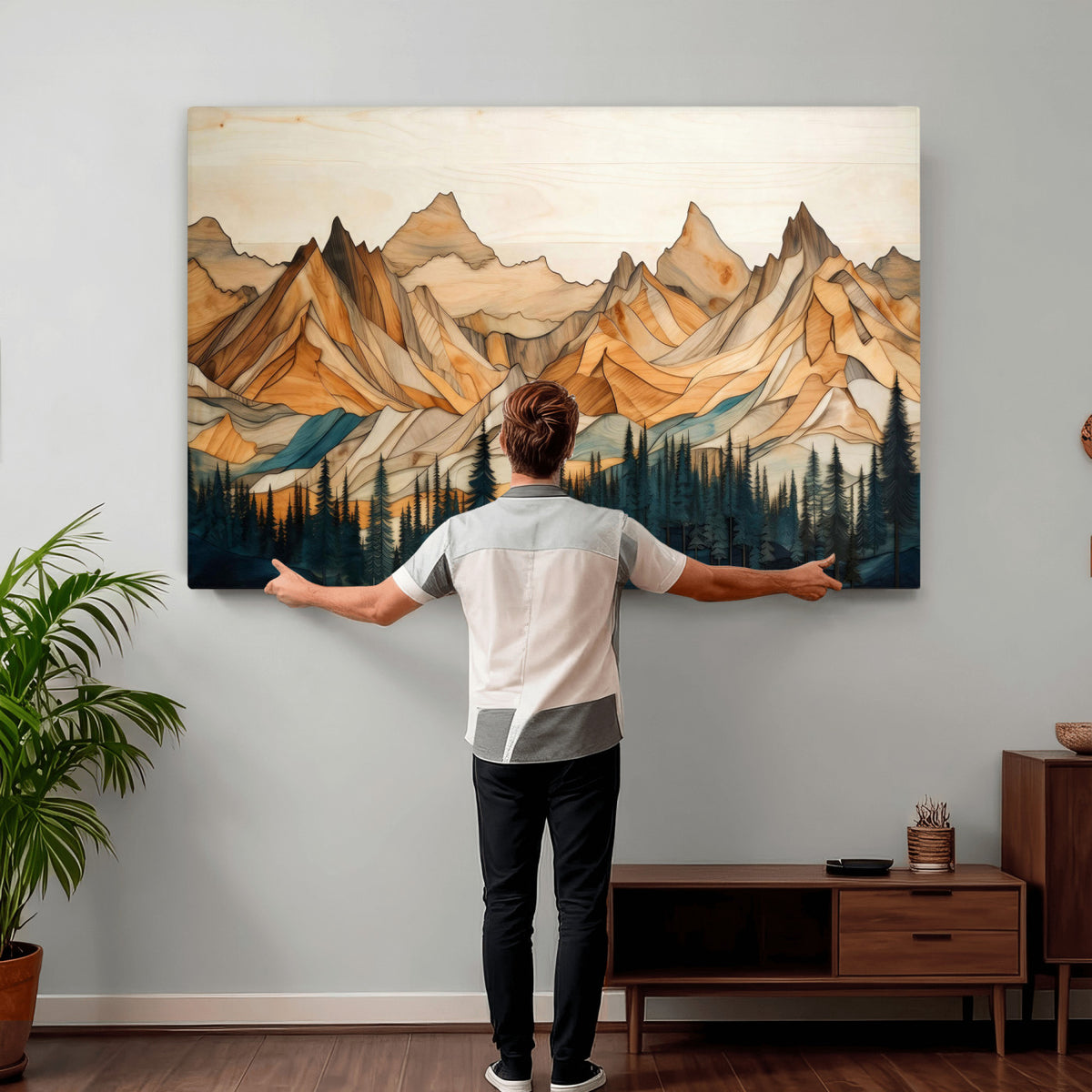 31576-PAN-FL-20X10 - Rustic Wood Mountain Wall Art Print | Triptych Giclee Print Featuring Handcrafted Forest and
