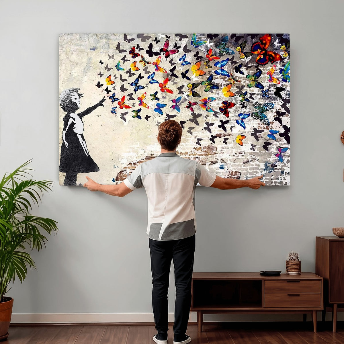 97895-MGV-CV-24X16 - Banksy Graffiti Wall Art Canvas Print, Girl Releasing Vibrant Butterflies