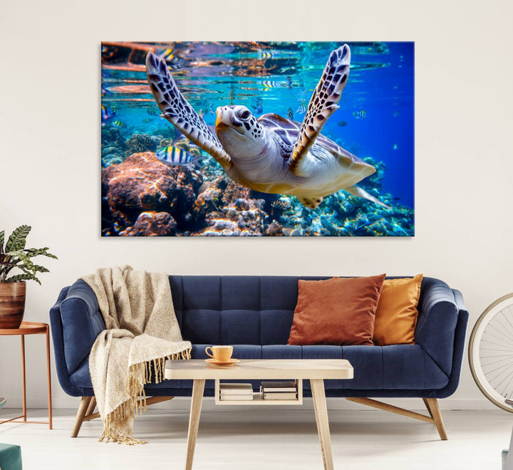 The Underwater Sea Turtle Wall Art Canvas Print serves as vibrant ocean décor, enhancing the kitchen with its stunning depiction.