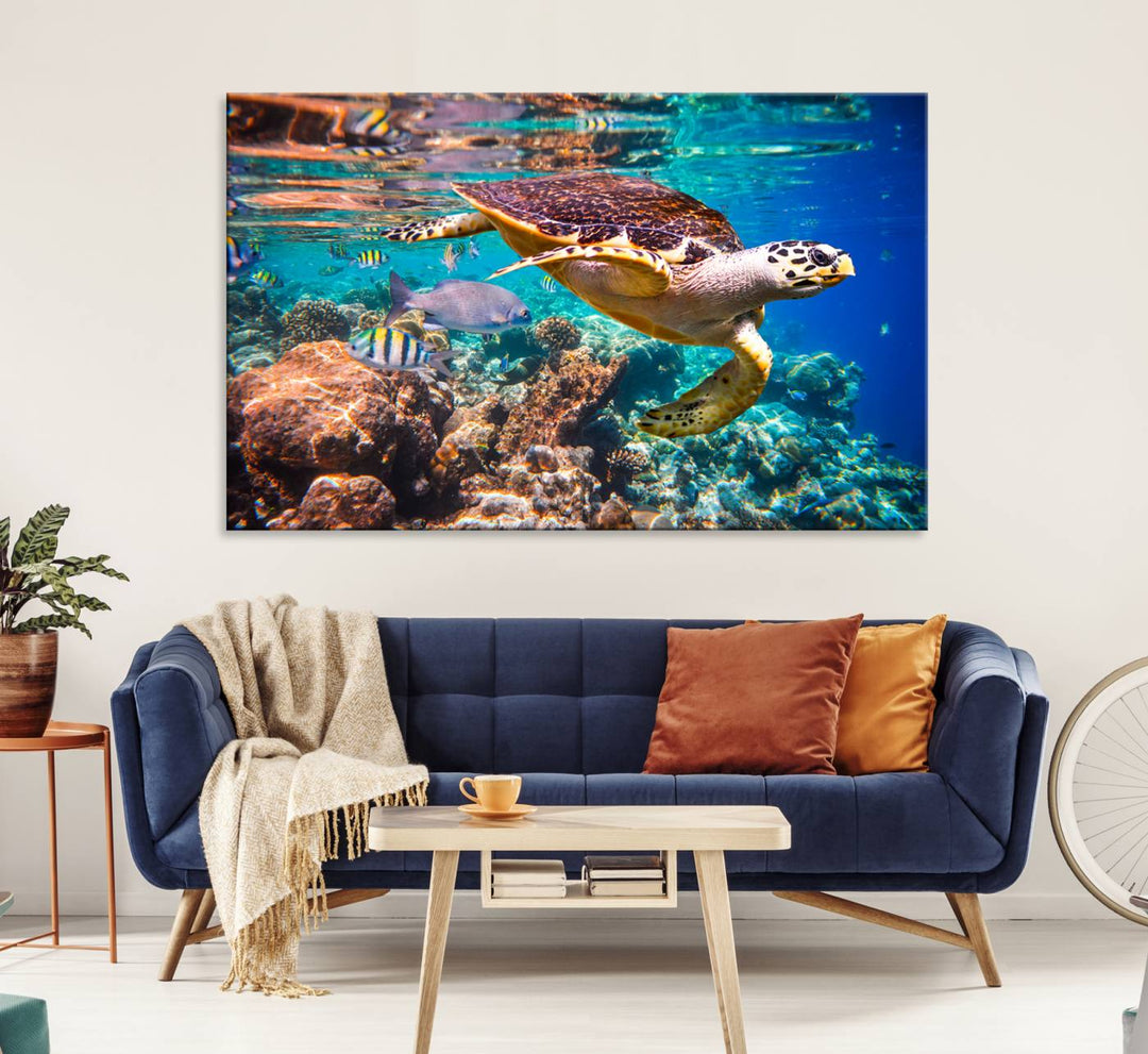 A Sea Turtle Wall Art Canvas Print features a colorful turtle swimming among coral. This artwork is ready to hang.