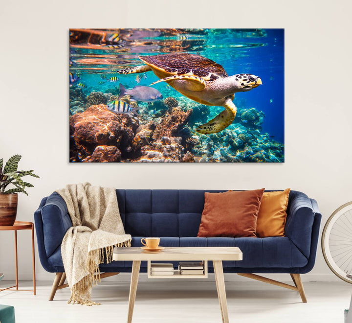 A Sea Turtle Wall Art Canvas Print features a colorful turtle swimming among coral. This artwork is ready to hang.