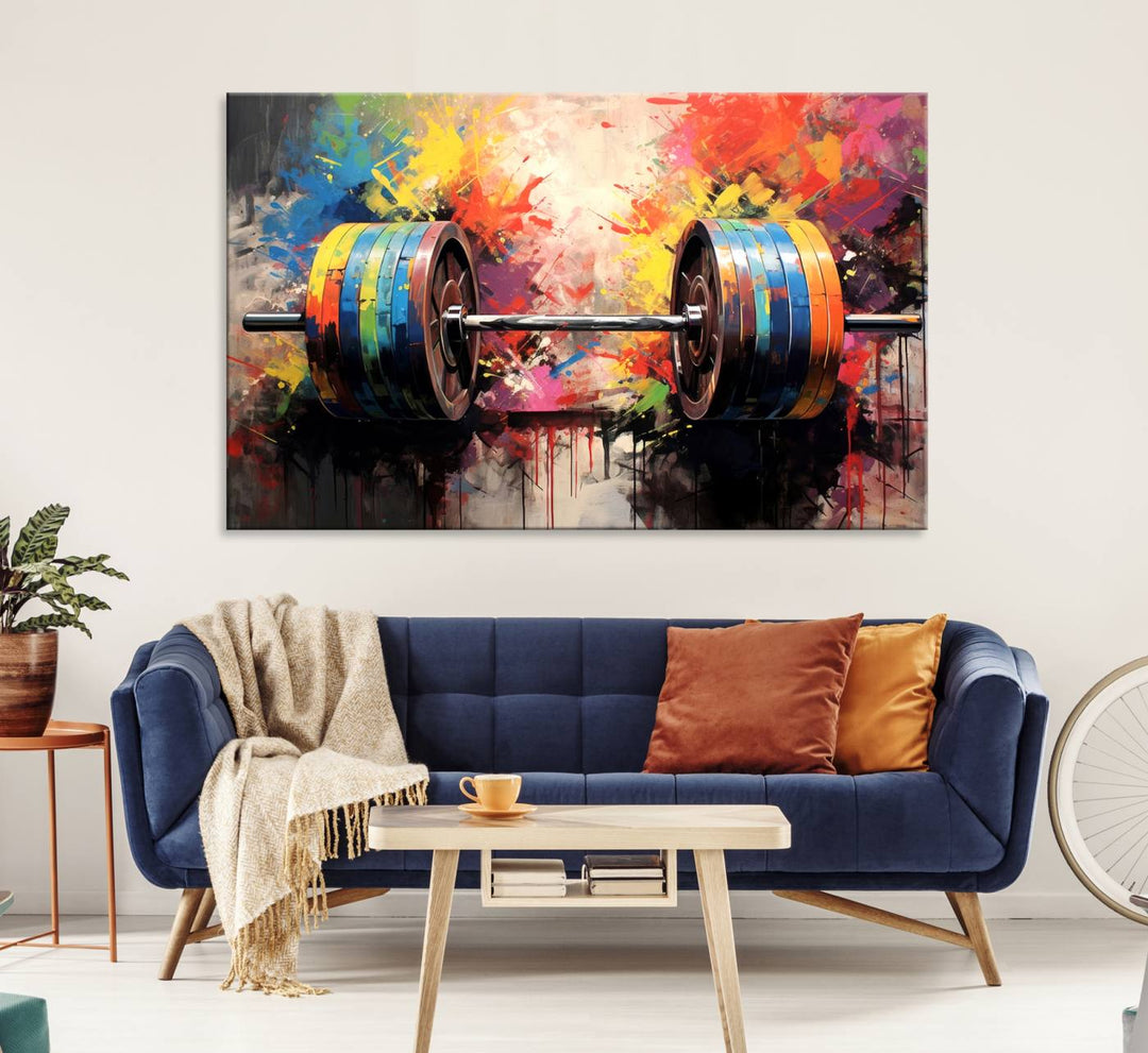 The Weightlifting Barbell Art Triptych hangs prominently on the wall.