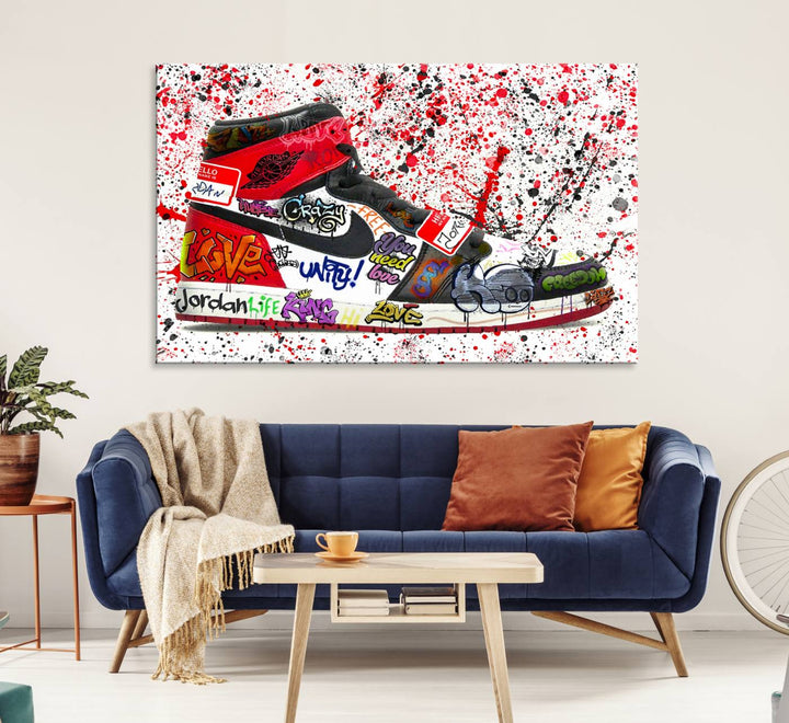 A Jordan Shoes Graffiti Canvas Print hangs prominently, perfect for sneakerheads and urban art lovers.