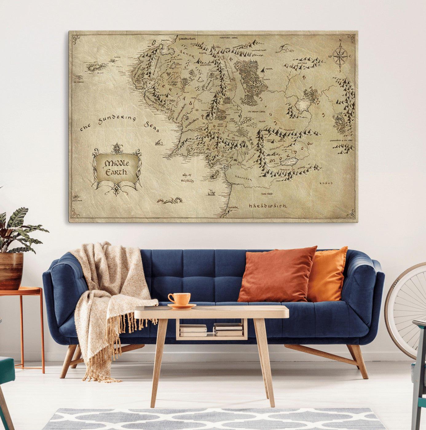21784-MGV-CV-36X24-Vintage Middle Earth Map Wall Art Canvas – Lord of the Rings Inspired Framed Map Print, Classic Fantasy Decor for Home, Office