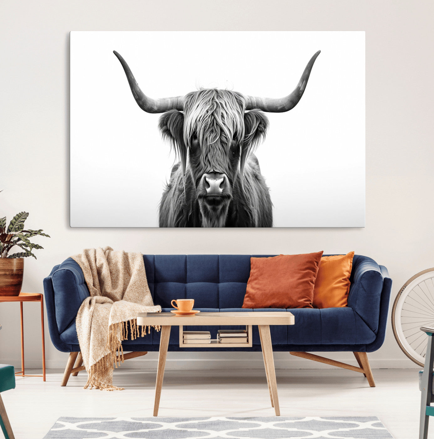 -Highland Wall Art Canvas Print – Minimalist Black and White Farmhouse Décor, Ready to Hang