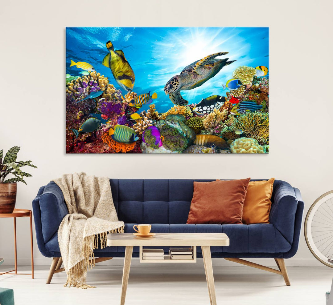 The Colorful Coral Reef and Sea Life Turtle Canvas Print brings vibrant ocean decor to your wall.