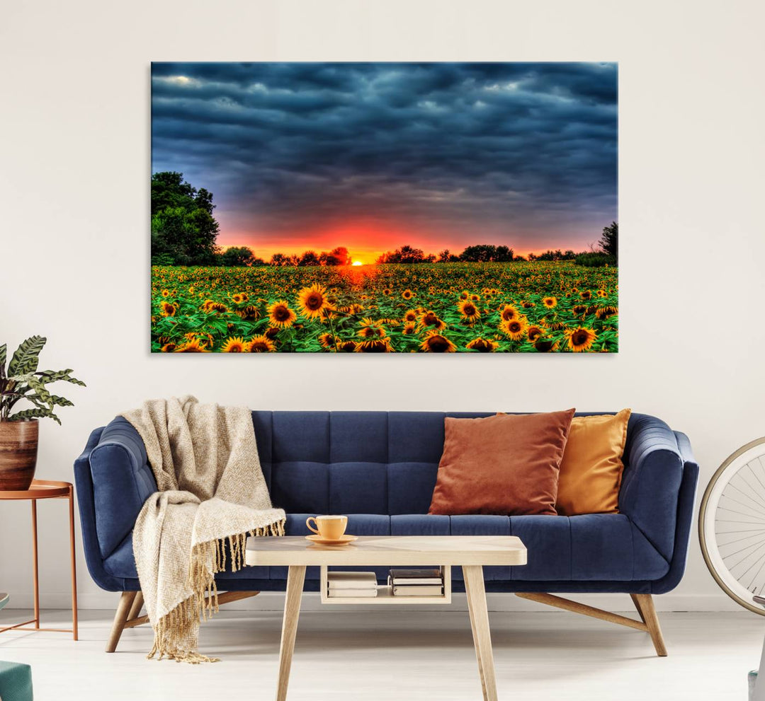 A Golden Sunflower Field at Sunset ready-to-hang wall art canvas print.