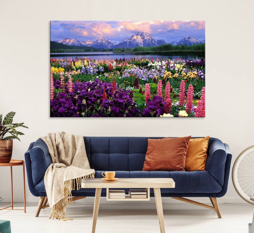 A Vibrant Wildflower Garden and Mountain View Giclee Print is displayed prominently on the wall.