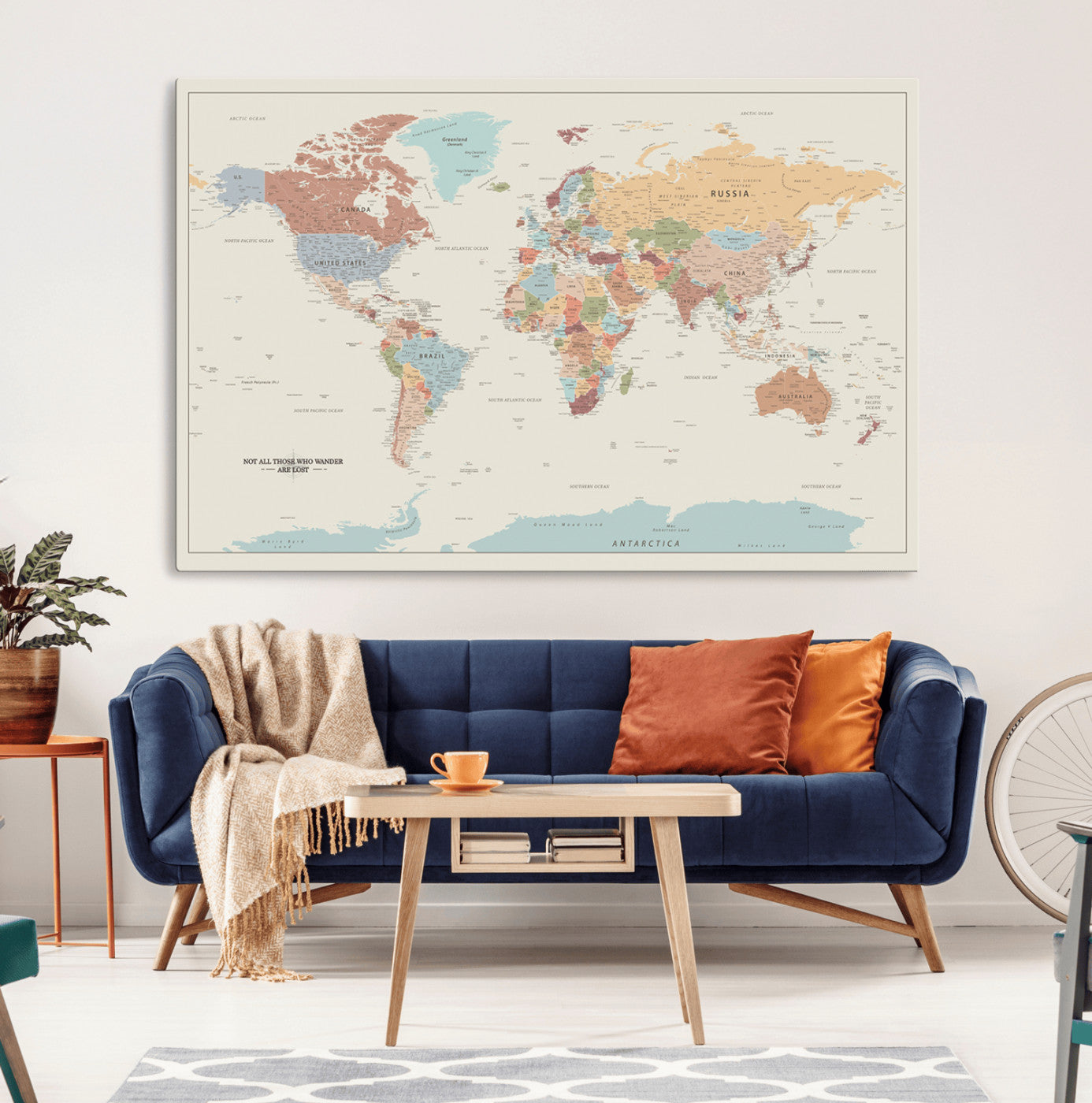 19241-MGV-CV-36X24-World Map Canvas Print – Framed Minimalist Travel Map Wall Art, Neutral Toned Push Pin Map for Home Office or Study Decor