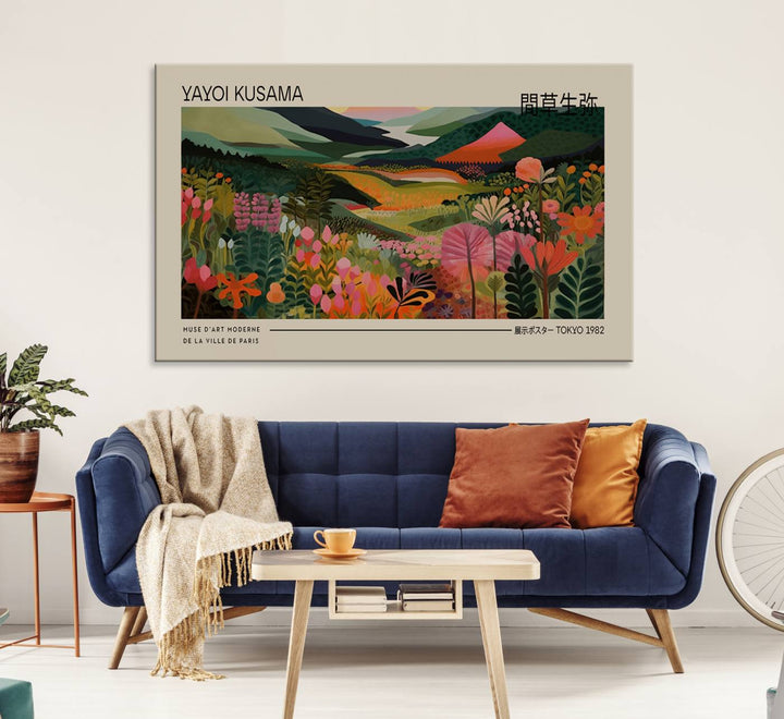 A Yayoi Kusama Landscape Canvas Print brightens the wall with vibrant floral and mountain art.