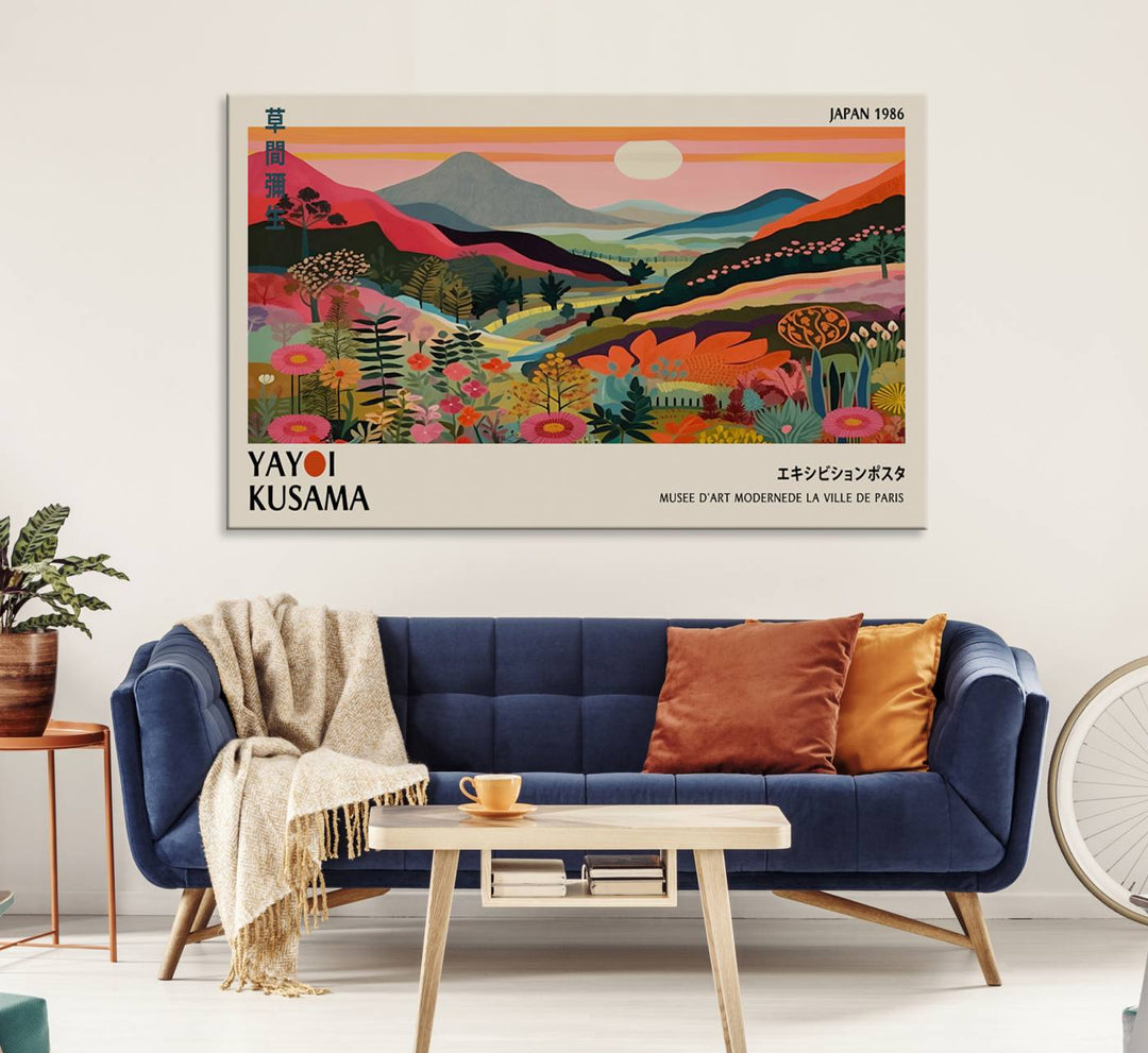 Yayoi Kusama Landscape Canvas Print: Vibrant mountain, sun, trees, and flowers art titled Japan 1936.