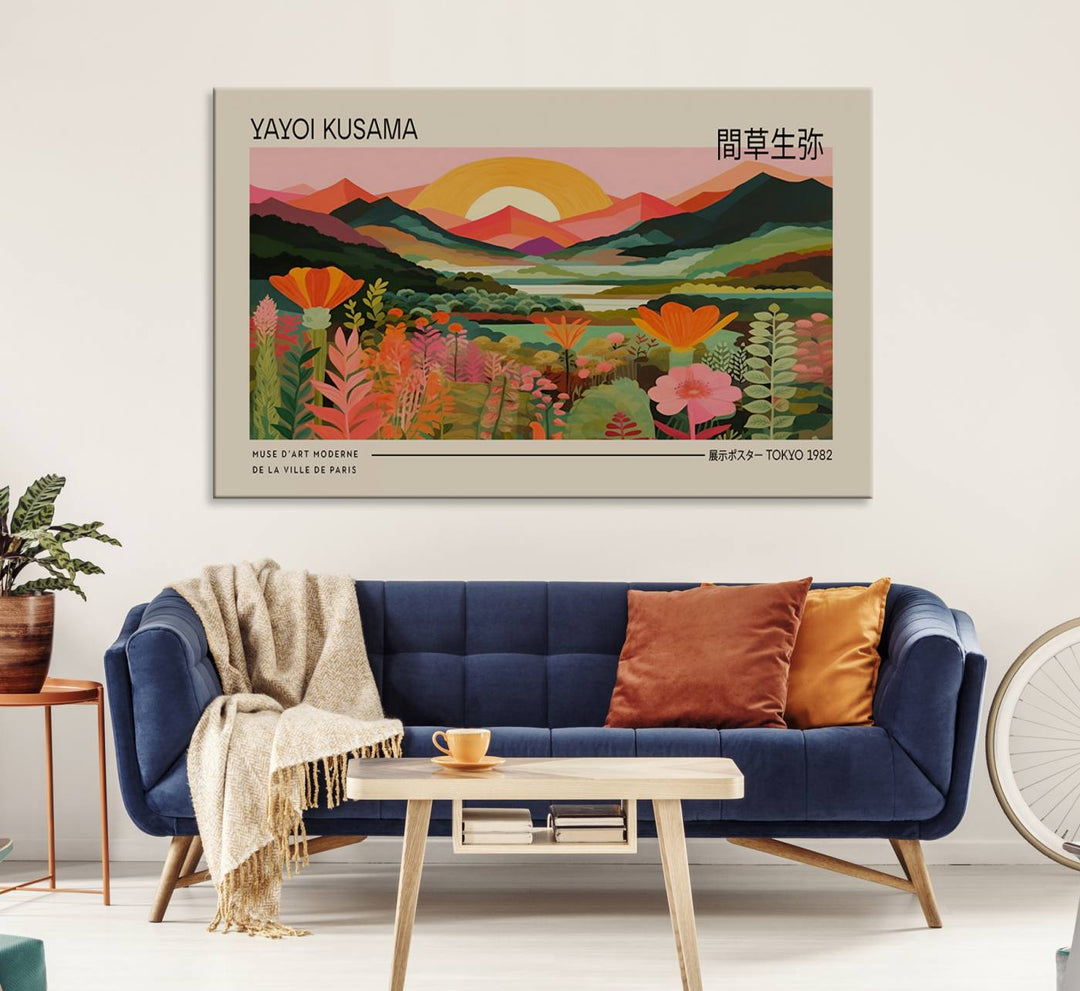 A Yayoi Kusama landscape print and an antique world map enhance the dining area.