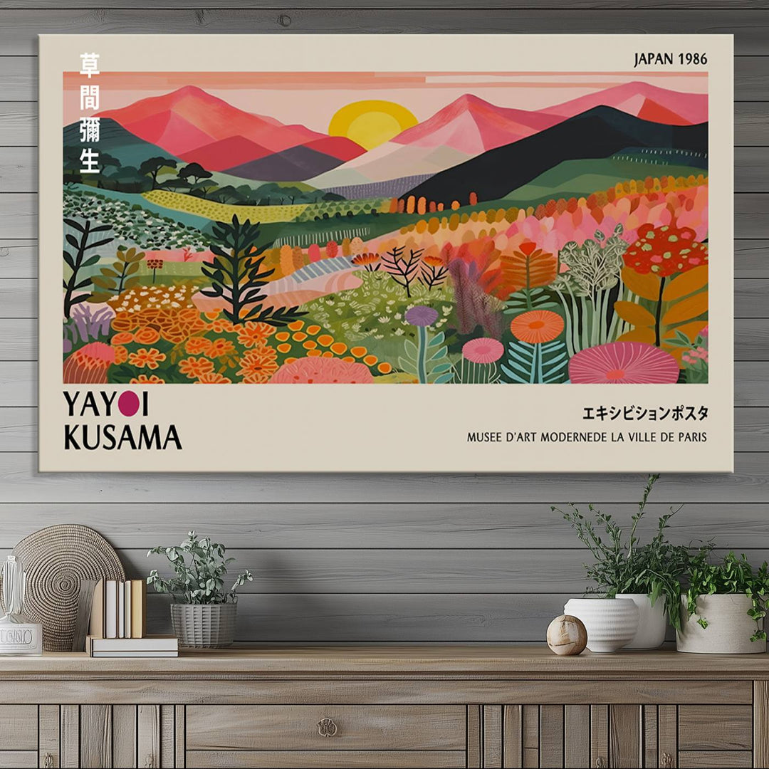 The wall art includes a vintage world map and Yayoi Kusamas colorful landscape.