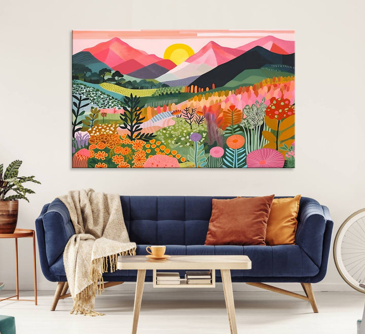 Vibrant abstract landscape canvas: Yayoi Kusama 1986 wall art print featuring mountains, sun, and flowers. Ready-to-hang.