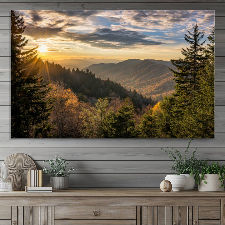 The dining area is beautifully decorated with the Sunrise Over the Smoky Mountains Canvas Wall Art – a breathtaking scenic landscape photography in a stunning triptych that's ready to hang.