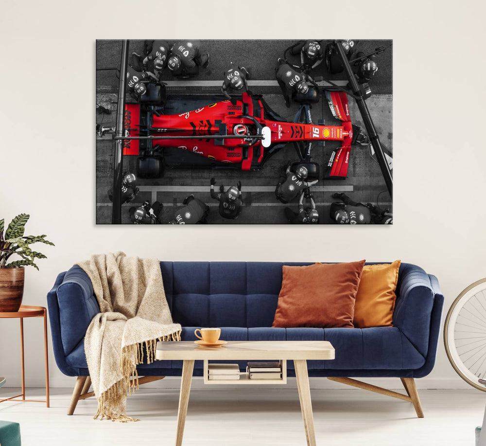 Ferrari Pit Stop Canvas Wall Art displayed prominently in the living room.