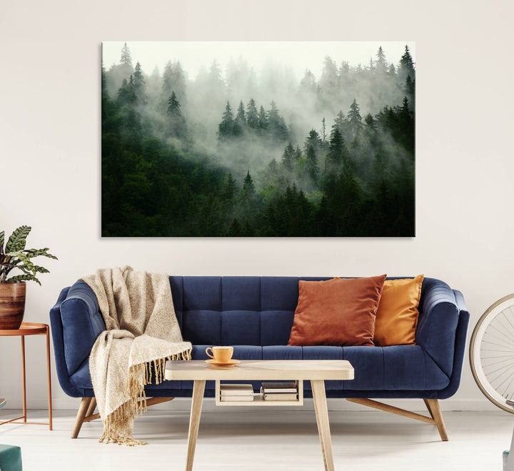 The Misty Forest Wall Art Canvas Print captures a serene, foggy evergreen landscape, evoking a mysterious woodland ambiance.