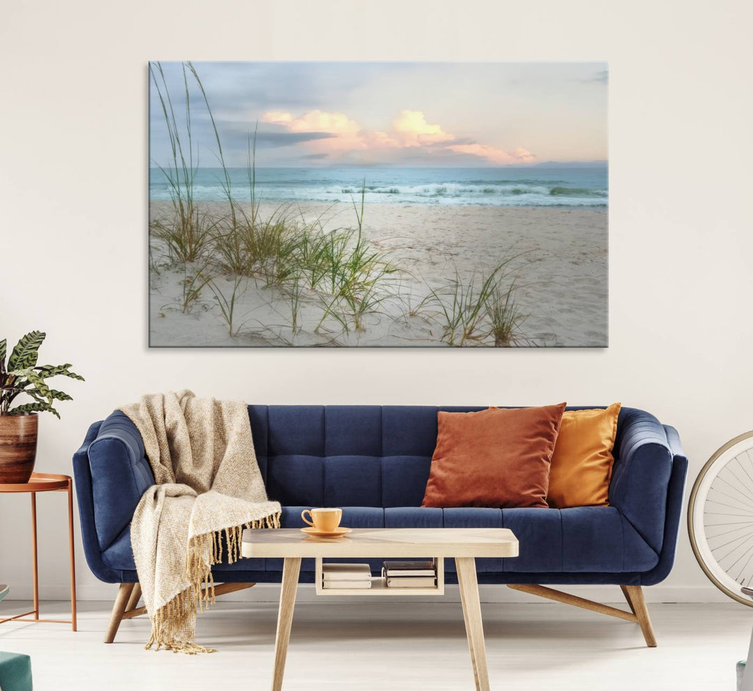 Flight Over Coastal Beach print on UV canvas displayed against white walls.