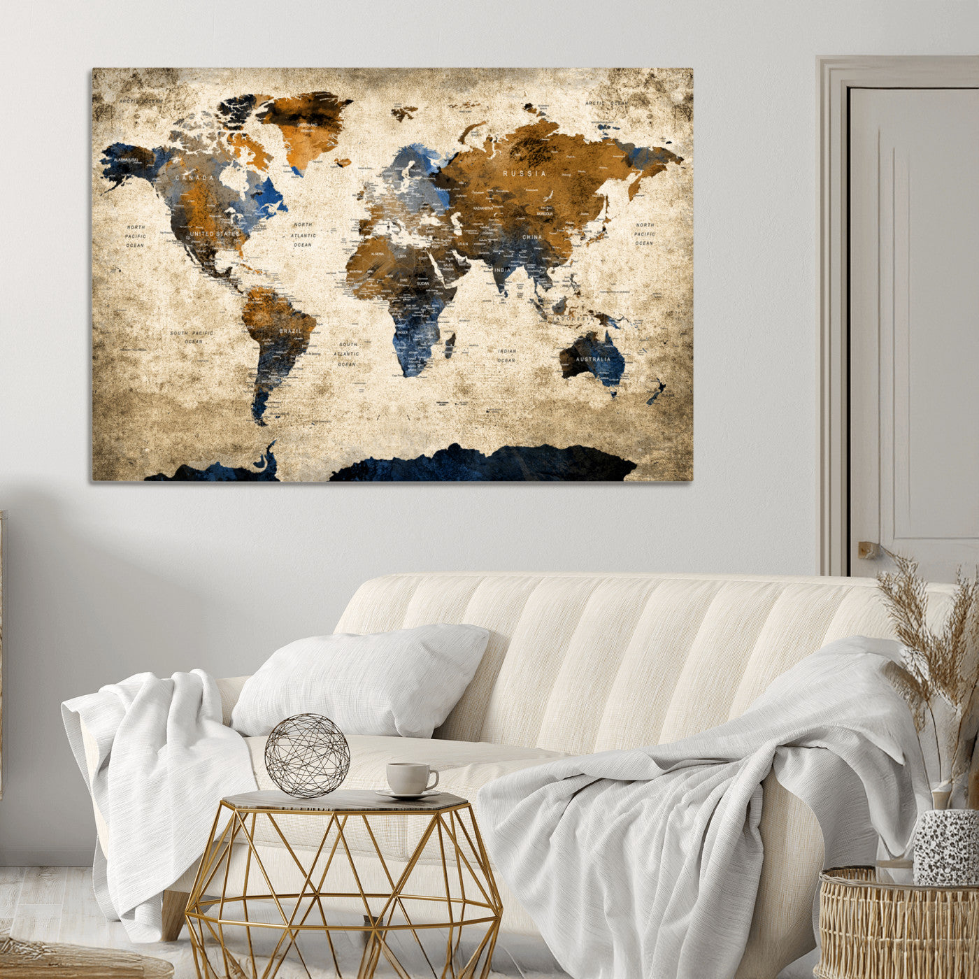 [sku] Vintage World Map Canvas Wall Art – Textured Triptych Map Print – Global Decor for Living Room or Office – Ready to Hang
