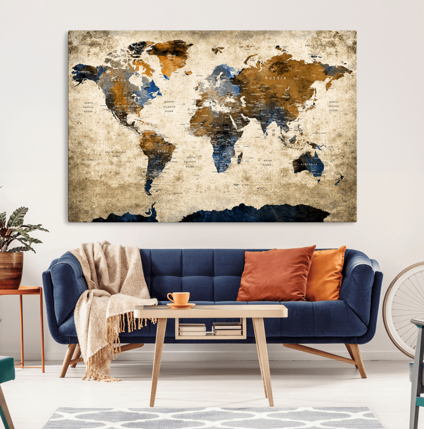 51140-MGV-CV-36X24-World Map Wall Art – Antique Style Blue and Brown Map Canvas Print, Classic Travel Wall Decor for Home Office or Study Room