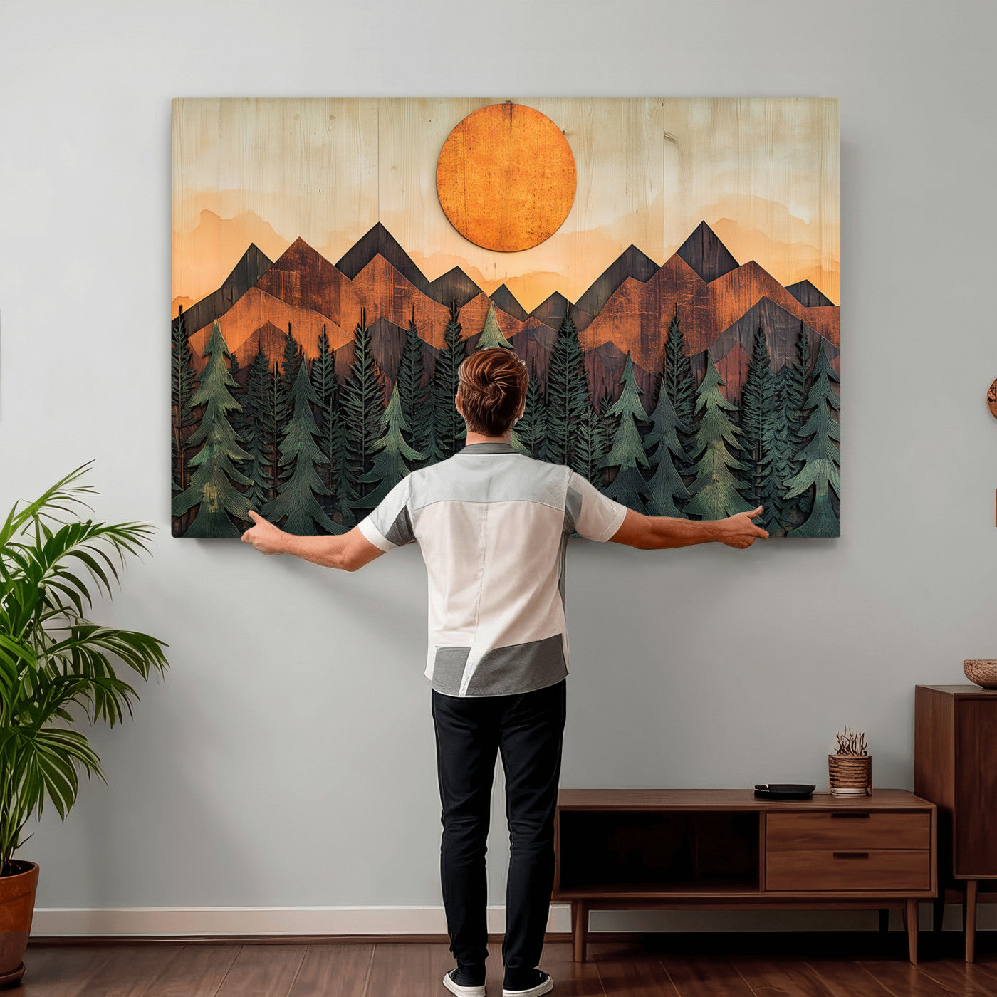 77739-MGV-CV-36X24 - Wood Style Sunset Mountain Landscape Canvas Wall Art Print - Nature Decor for Living Room, Office