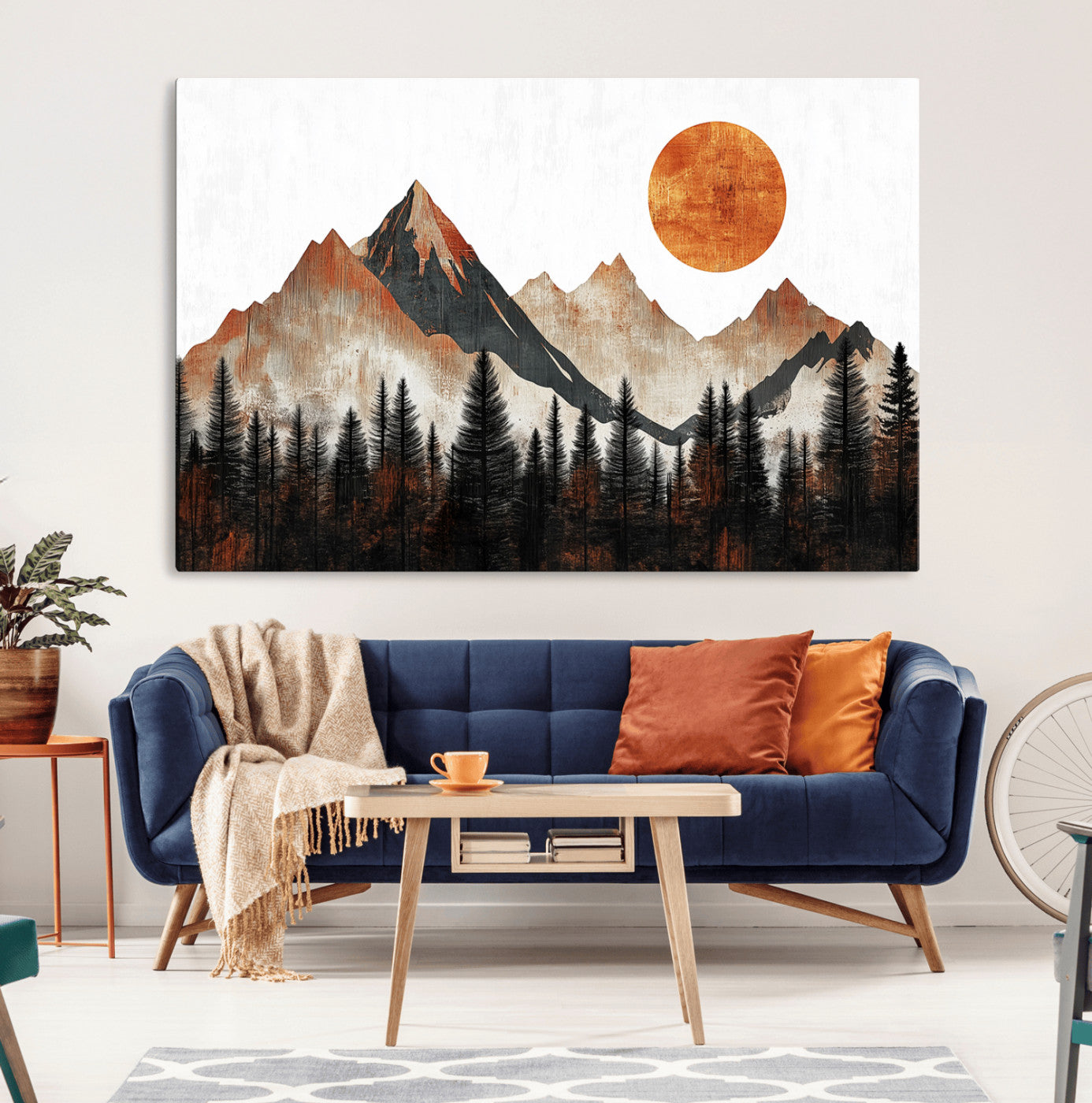 MGV-CV-36X24 - Modern Abstract Mountain Canvas Wall Art Print, Abstract Landscape Print, Rustic Sun and Mountains