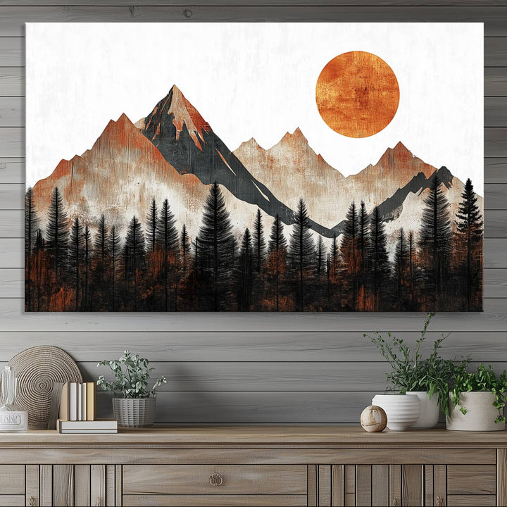 The "Modern Abstract Mountain Canvas Wall Art Print" in the living room features an abstract landscape of mountains, trees, and a warm-toned sun.