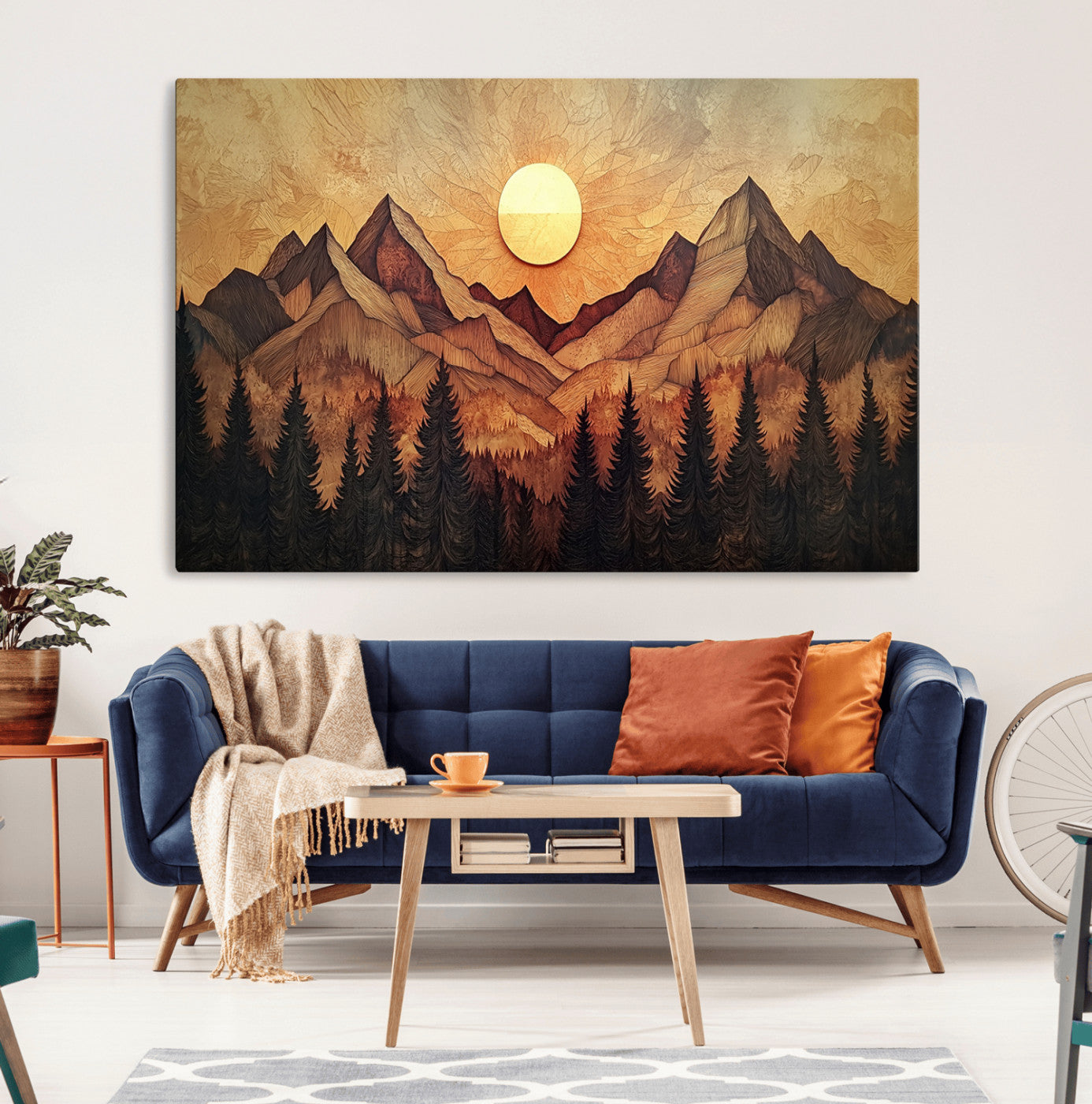 MGV-CV-36X24 - Wood Style Abstract Mountain Sunset Canvas Wall Art Print - Warm Earth Nature-Inspired Decor for