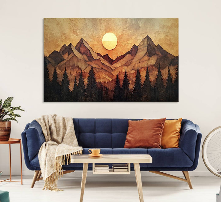 The dining area features a Wood Style Abstract Mountain Sunset canvas wall art print.