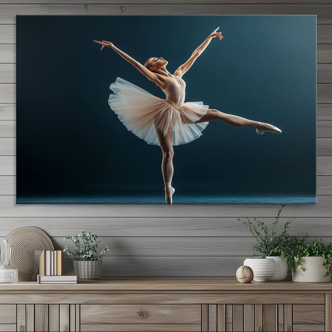 This stunning Ballerina Canvas Wall Art Print captures the elegance of a ballet dancer in motion, beautifully highlighted against a stage-like backdrop with delicate decor and natural elements. As graceful dance-inspired wall decor, it adds an element of grace and movement to any living room, office, or bedroom and is ready to hang.