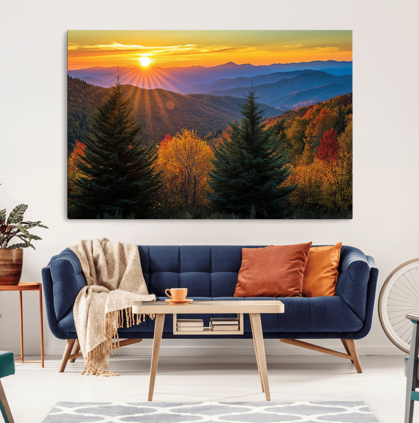MGV-CV-36X24 - Golden Sunset Over Mountain Forest Canvas Wall Art Print - Warm Nature-Inspired Landscape for Living