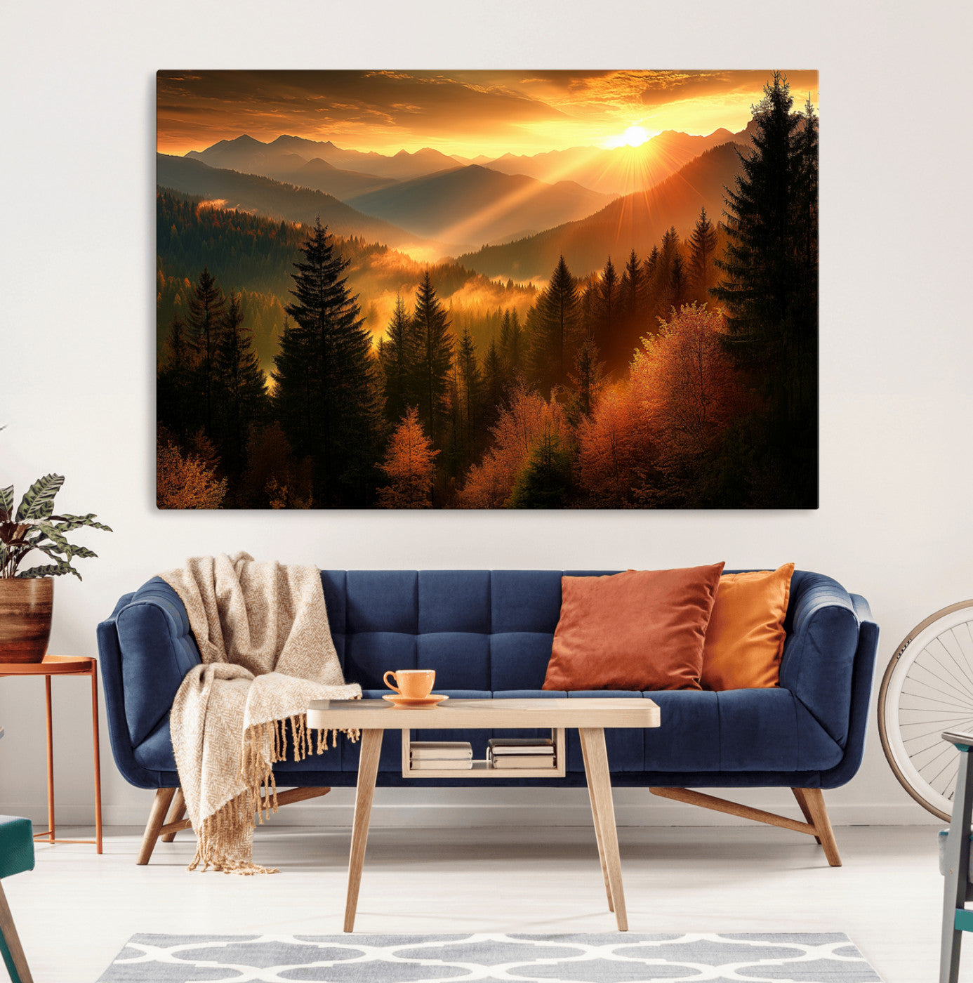 MGV-CV-36X24 - Golden Sunset Over Mountain Forest Canvas Wall Art Print - Warm Nature Landscape Print
