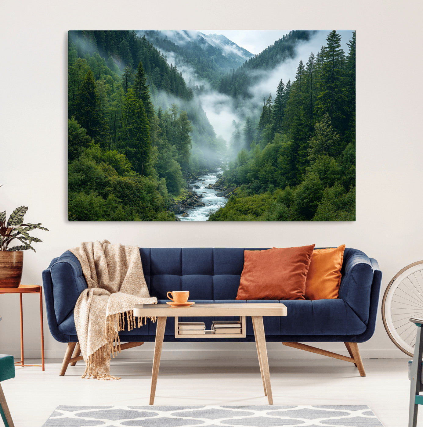 MGV-CV-36X24 - Mountain Forest River Canvas Wall Art Print - Serene Nature Landscape for Living Room, Office, or