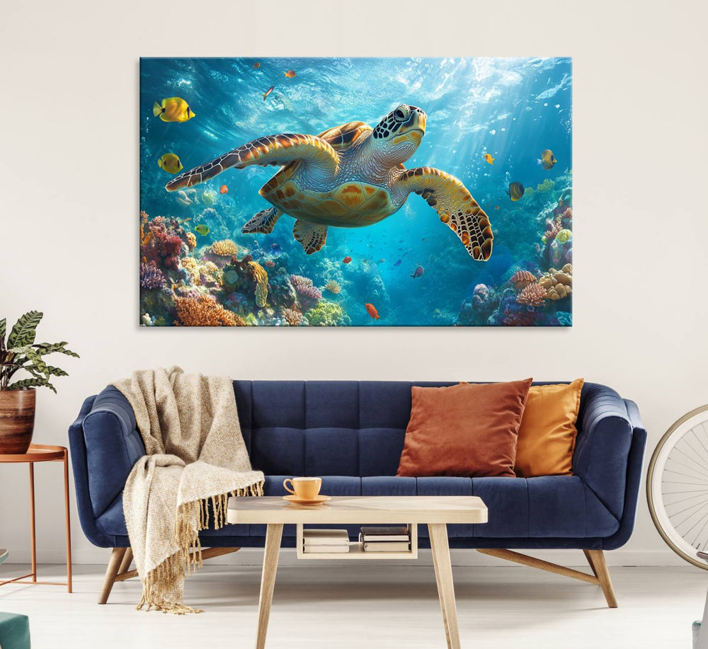 The Sea Turtle Underwater Canvas adorns the wall.