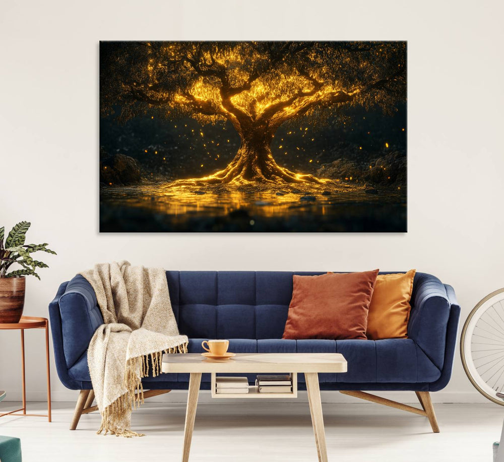 A Golden Tree of Life wall art adorns the living room.