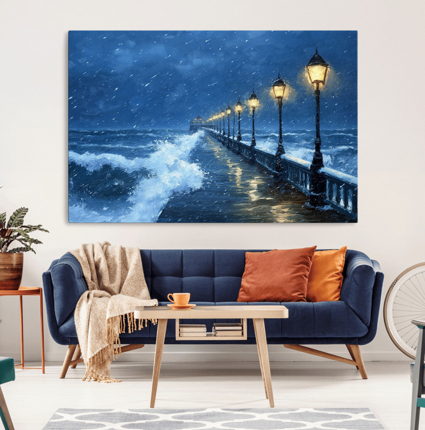 MGV-CV-36X24 - Stormy Ocean Pier Lights Canvas Wall Art Print - Large Moody Night Scene for Living Room, or Office,