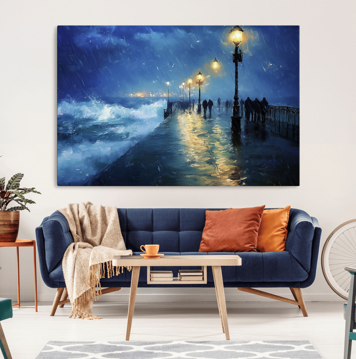 -Storm Ocean Pier Canvas Wall Art Print - Large Moody Night Scene Print, Seaside Wall Decor