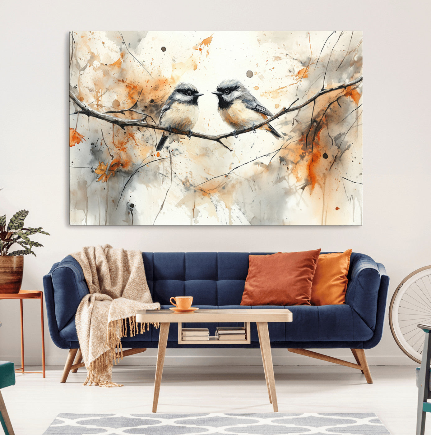 98244-MGV-CV-36X24-Abstract Watercolor Chickadee Bird Canvas Wall Art Print - Large Bird and Branch Wall Art, Modern