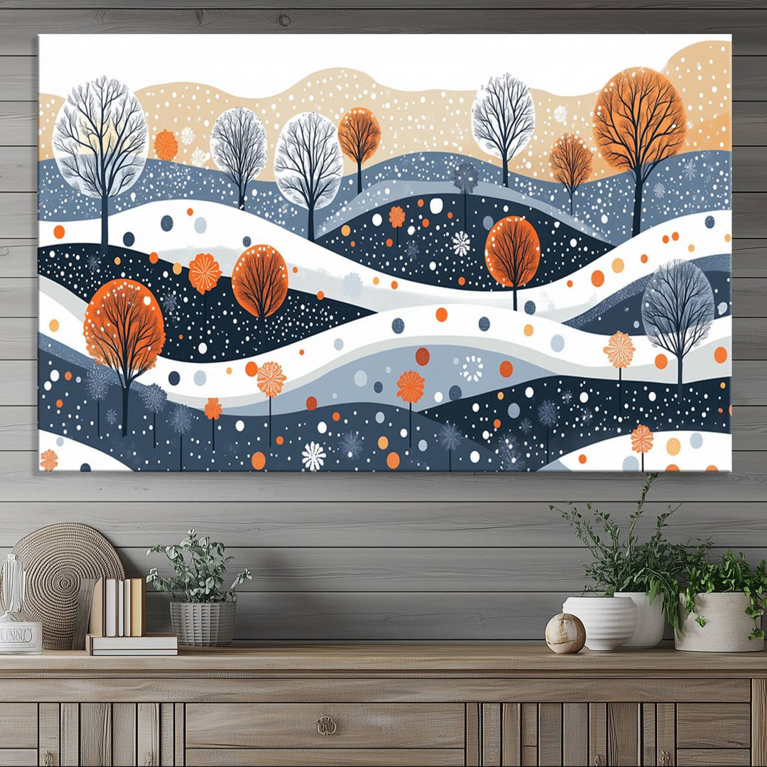 The "Abstract Winter Landscape Canvas Wall Art Print," featuring a triptych of landscapes with trees and hills in vibrant orange, white, and blue hues, adds a gallery-quality finish that transforms the space into an art lover's dream.