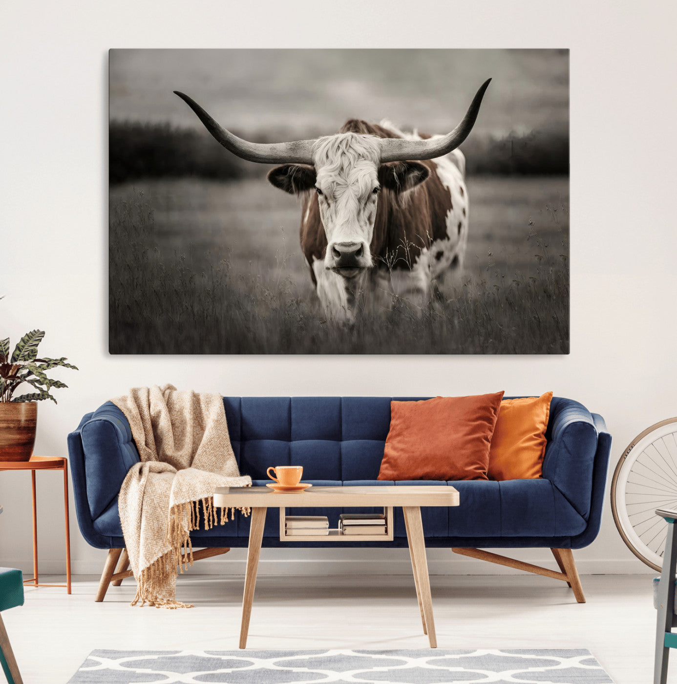 MGV-CV-36X24 - Texas Longhorn Cow Canvas Wall Art Print - Large Rustic Longhorn Art for Living Room, Western Wall