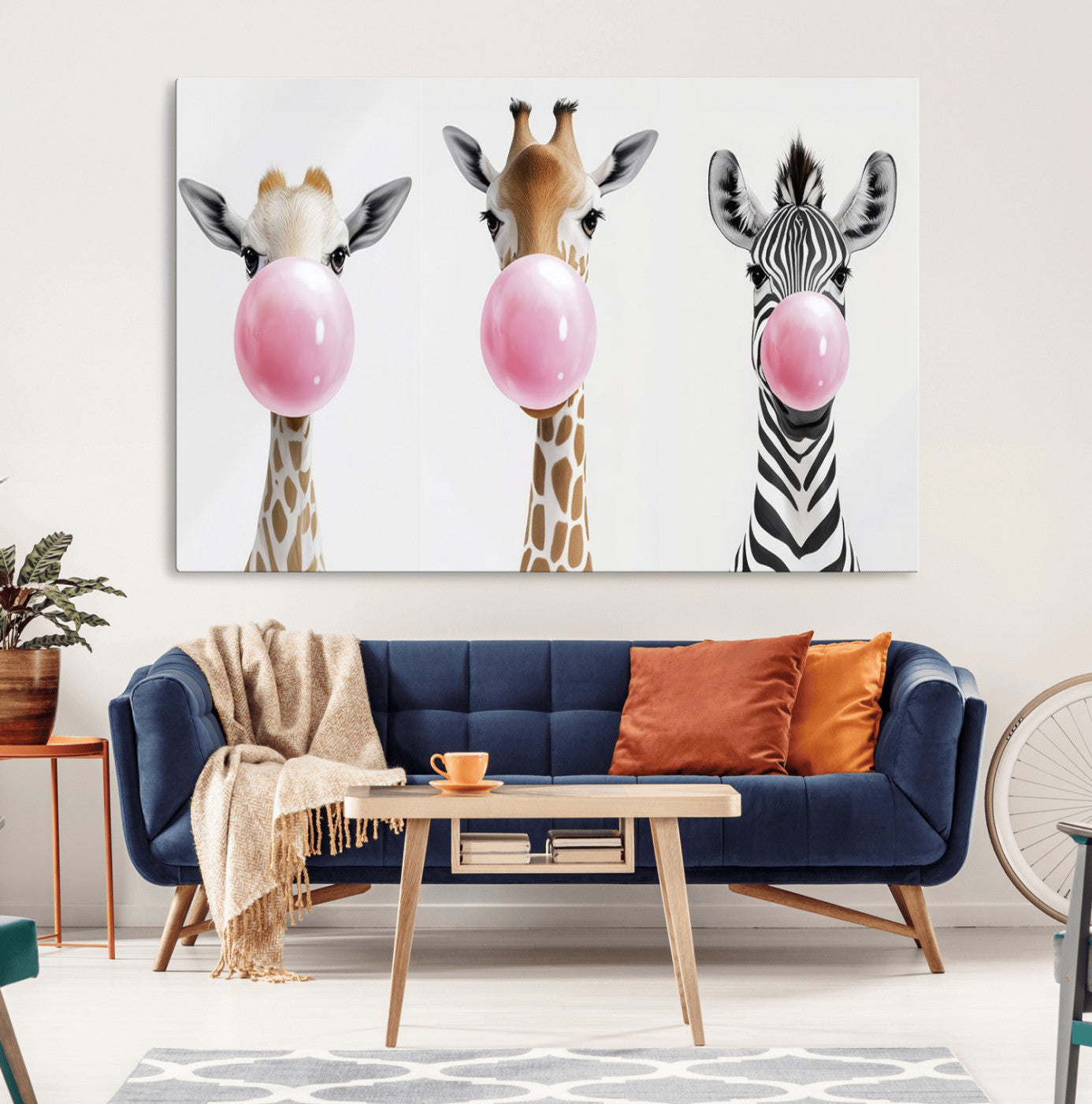 MGV-CV-36X24 - Bubblegum Animals Canvas Wall Art - Playful Giraffe and Zebra Trio, Fun Nursery Decor for Kids'