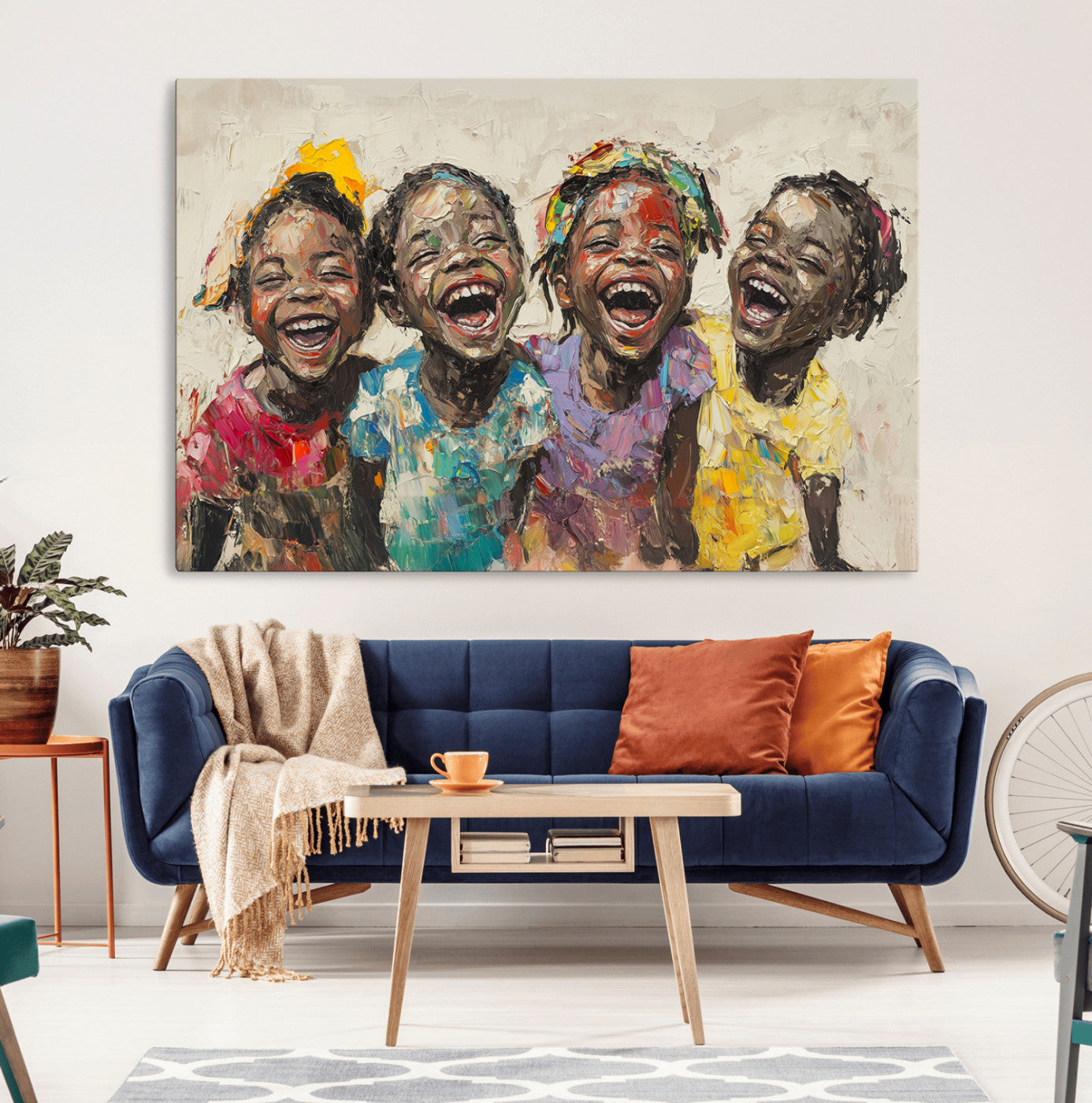 93034-MGV-CV-36X24-Shai Yossef style Joyful Childhood Canvas Wall Art - Expressive Impasto Painting of Black Children
