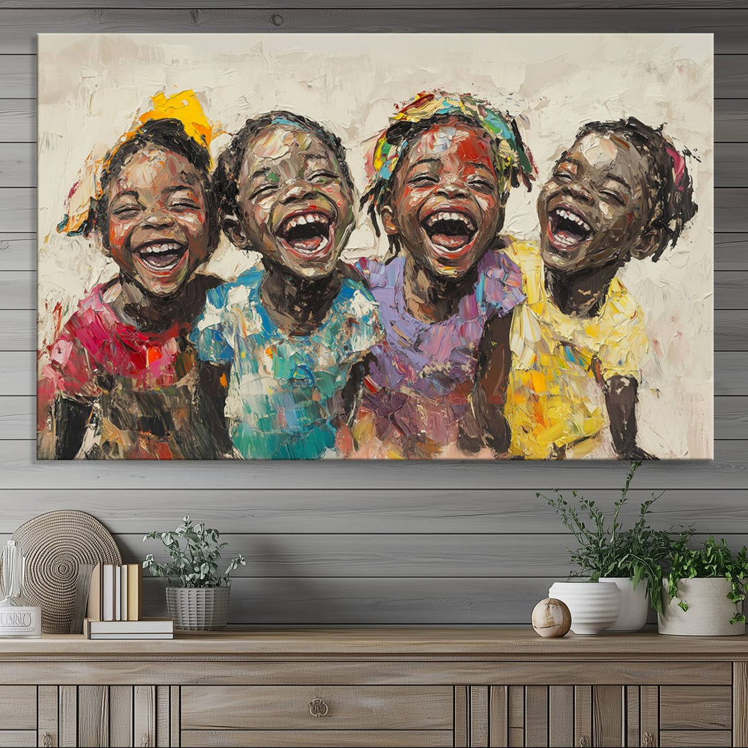 The Shai Yossef style "Joyful Childhood Canvas Wall Art" beautifully depicts an expressive impasto painting of three cheerful black children laughing, capturing the joyous essence of childhood.