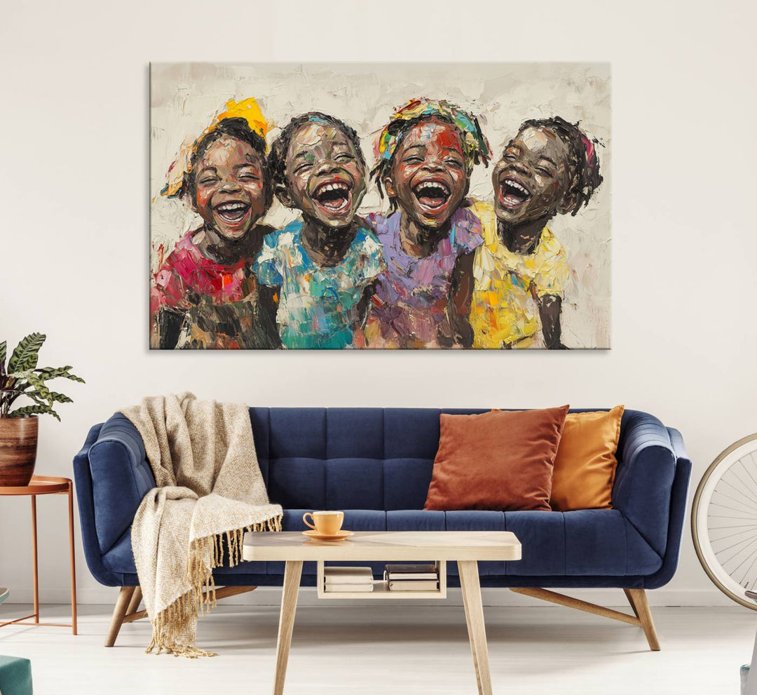 The Joyful Childhood Canvas Art by Shai Yossef, depicting kids laughing, is featured in the living room.