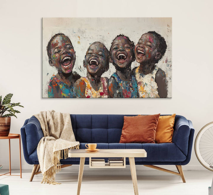 A living room featuring the Shai Yossef Joyful Childhood Canvas Wall Art.