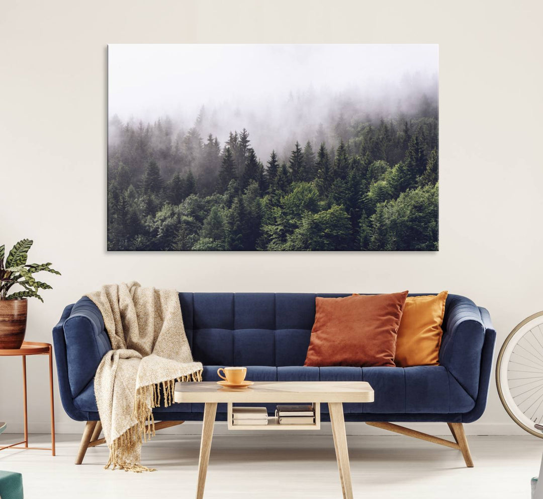 A serene triptych nature print featuring a misty forest, perfect as wall art.