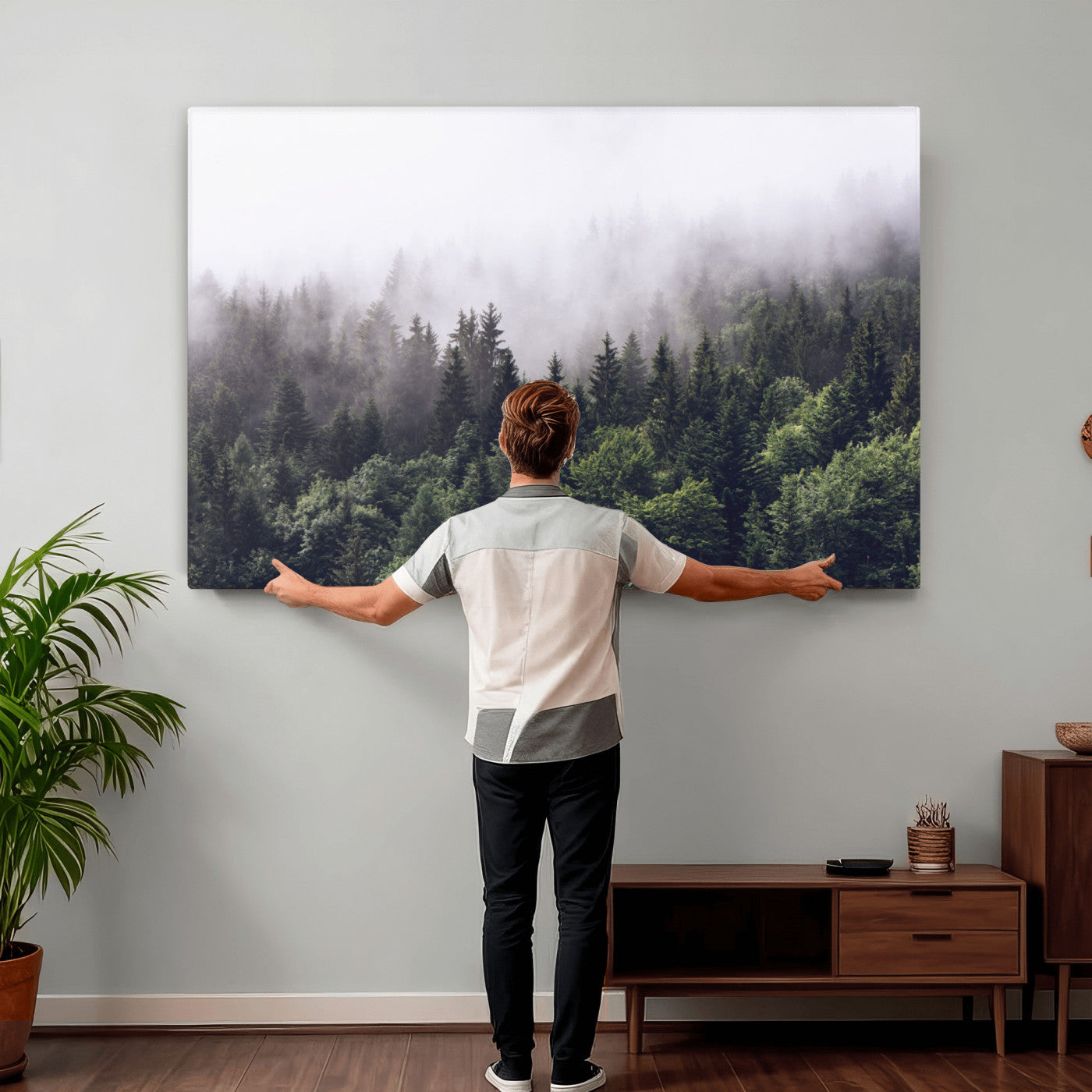 42578900-MGV-CV-36X24 - Misty Forest Wall Art | Foggy Forest Canvas Print | Large Nature-Inspired Misty Tree Landscape for
