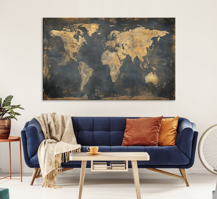 Grunge World Map Canvas Wall Art - Vintage Aged World Map with Golden Tones, Framed Artwork for Living Room, Office, or Study Decor